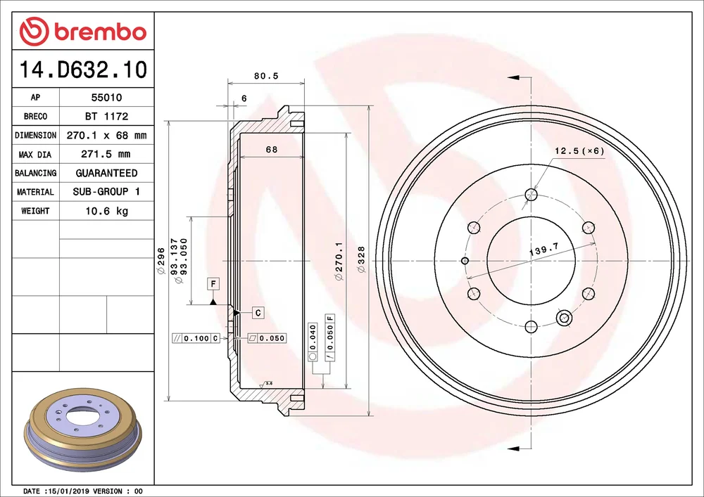 Brzdový buben BREMBO 14.D632.10 Brzdový buben BREMBO 14.D632.10