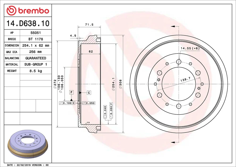 Brzdový buben BREMBO 14.D638.10 Brzdový buben BREMBO 14.D638.10